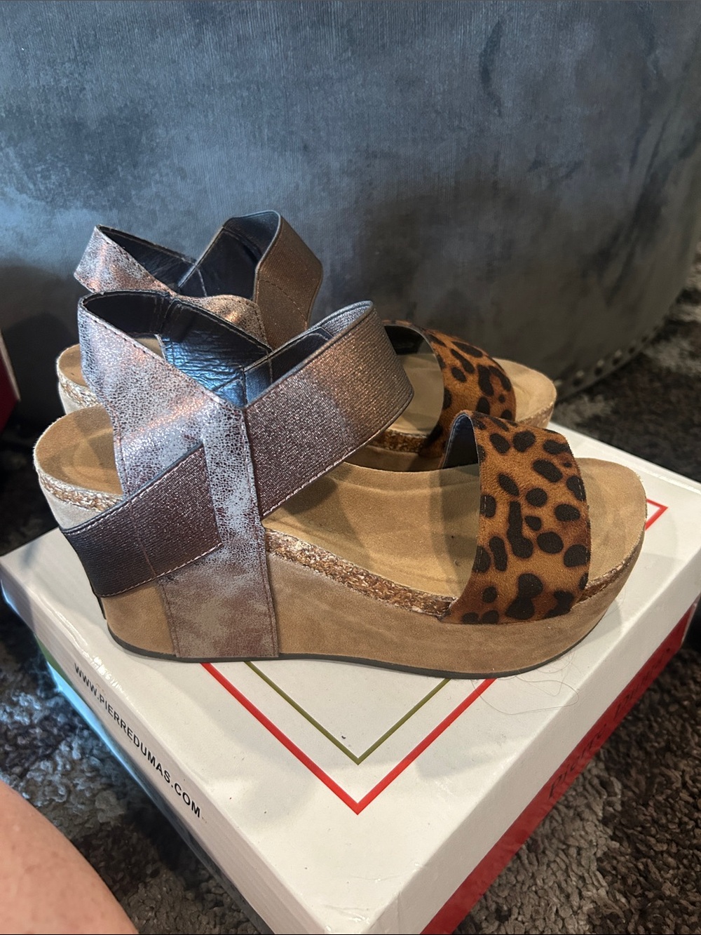 Pierre Dumas Leopard and Bronze Metallic Wedge Sandals
